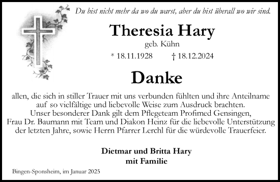 Traueranzeige von Theresia Hary von Binger-/Ingelheimer Wochenblatt