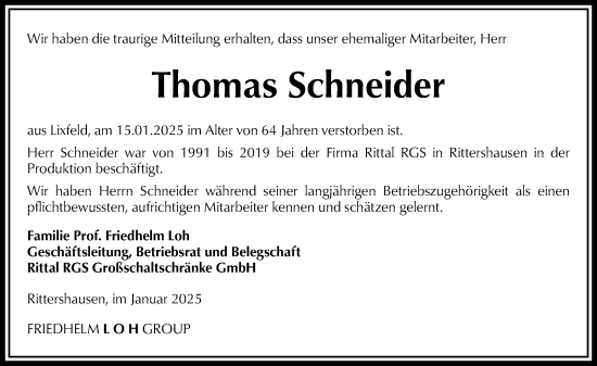 Traueranzeige von Thomas Schneider von Hinterländer Anzeiger