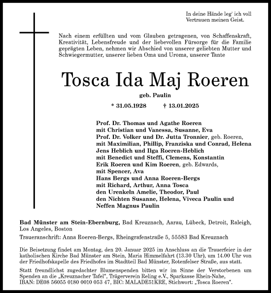 Traueranzeige von Tosca Ida Maj Roeren von Allgemeine Zeitung Rheinhessen-Nahe