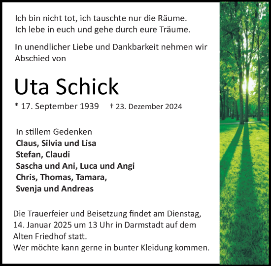 Traueranzeige von Uta Schick von Darmstädter Echo