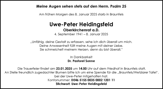 Traueranzeige von Uwe-Peter Heidingsfeld von Wetzlarer Neue Zeitung