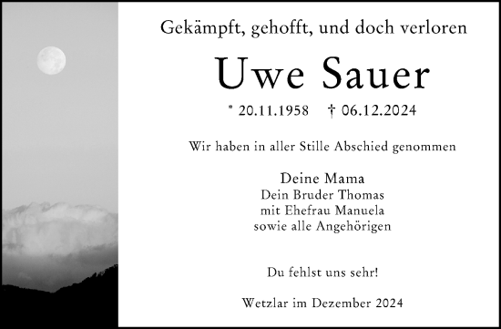 Traueranzeige von Uwe Sauer von Wetzlarer Neue Zeitung