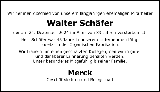 Traueranzeige von Walter Schäfer von Darmstädter Echo