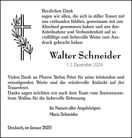Traueranzeige von Walter Schneider von Hinterländer Anzeiger