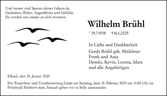 Traueranzeige von Wilhelm Brühl von Dill Block