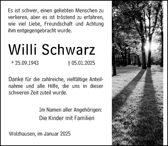 Traueranzeige von Willi Schwarz von Hinterländer Anzeiger