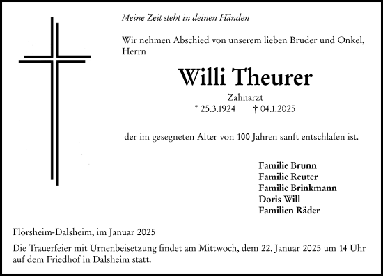 Traueranzeige von Willi Theurer von Wormser Zeitung