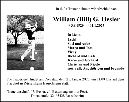 Traueranzeige von William Hesler von Rüsselsheimer Echo