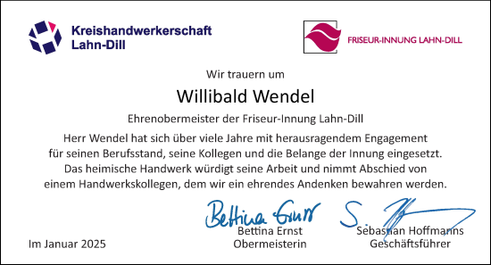 Traueranzeige von Willibald Wendel von Dill Block