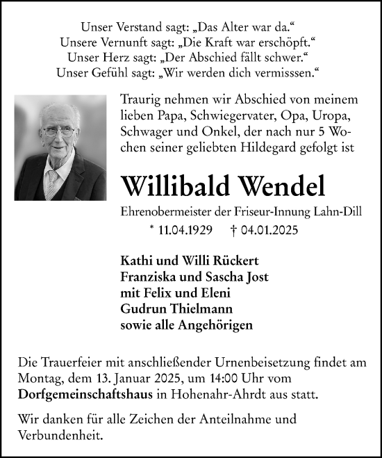 Traueranzeige von Willibald Wendel von Dill Block