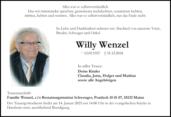 Traueranzeige von Willy Wenzel von Allgemeine Zeitung Mainz