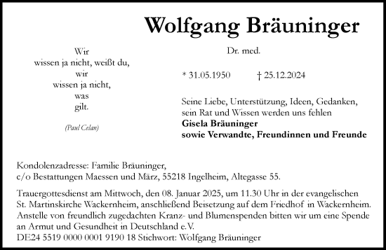 Traueranzeige von Wolfgang Bräuninger von Allgemeine Zeitung Rheinhessen-Nahe