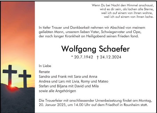 Traueranzeige von Wolfgang Schaefer von Rüsselsheimer Echo