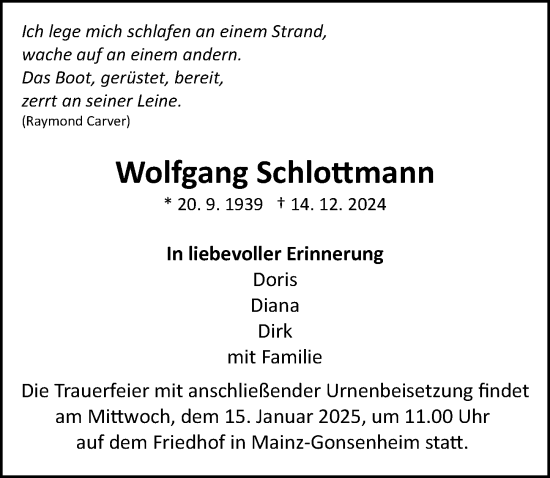 Traueranzeige von Wolfgang Schlottmann von Allgemeine Zeitung Mainz