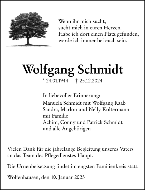 Traueranzeige von Wolfgang Schmidt von Weilburger Tageblatt