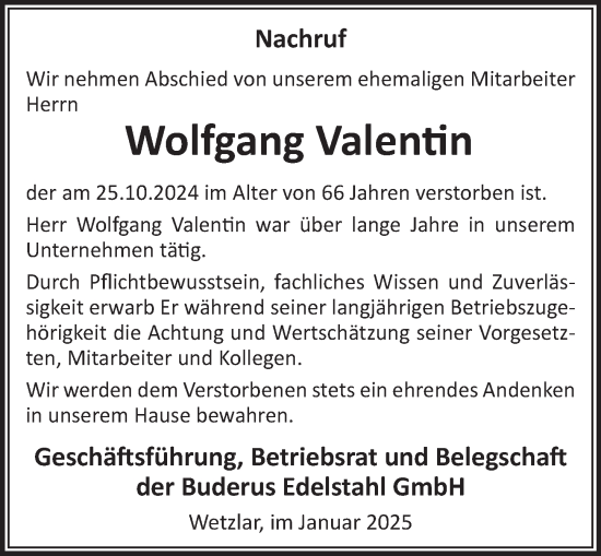 Traueranzeige von Wolfgang Valentin von Wetzlarer Neue Zeitung