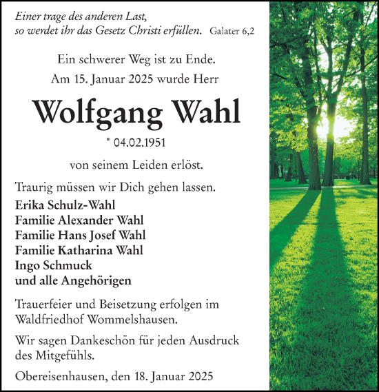 Traueranzeige von Wolfgang Wahl von Hinterländer Anzeiger