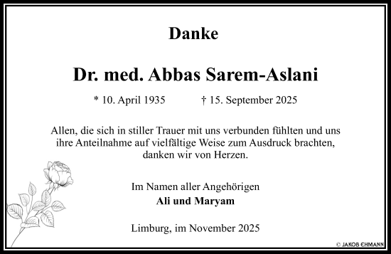 Traueranzeige von Abbas Sarem-Aslani von Nassauische Neue Presse