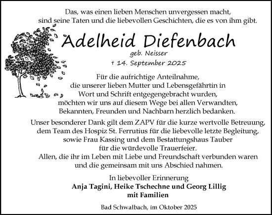 Traueranzeige von Adelheid Diefenbach von Idsteiner Land/Untertaunus