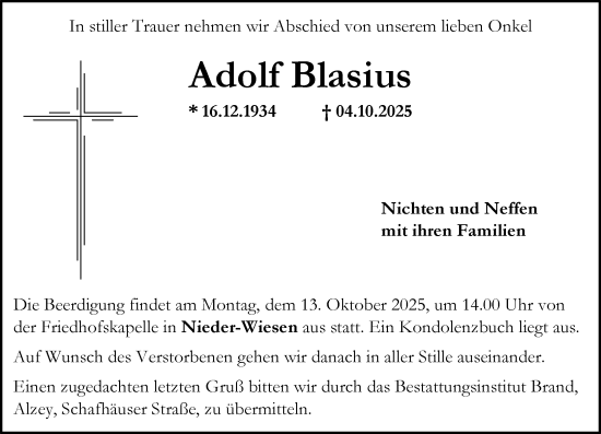 Traueranzeige von Adolf Blasius von Allgemeine Zeitung Alzey