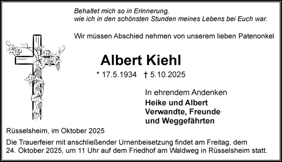 Traueranzeige von Albert Kiehl von Rüsselsheimer Echo Traueranzeige von Albert Kiehl von Rüsselsheimer Echo