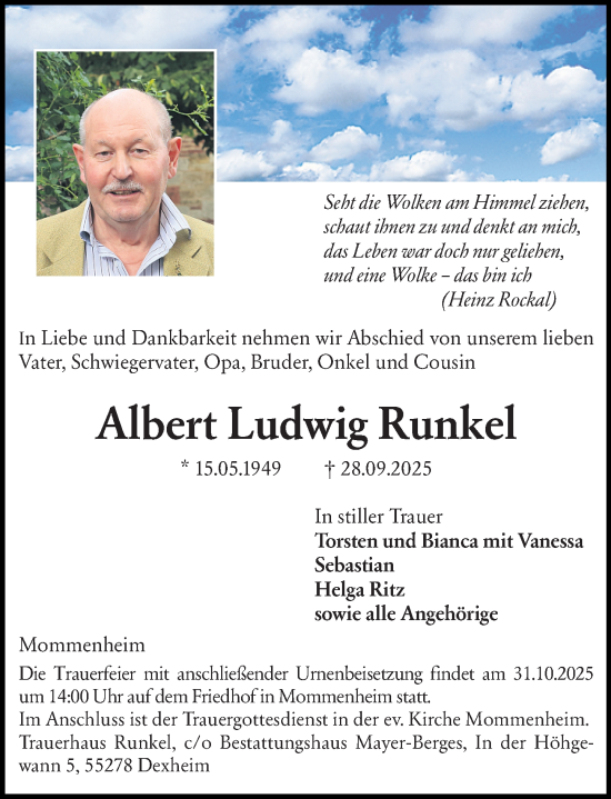 Traueranzeige von Albert Ludwig Runkel von Allgemeine Zeitung Mainz