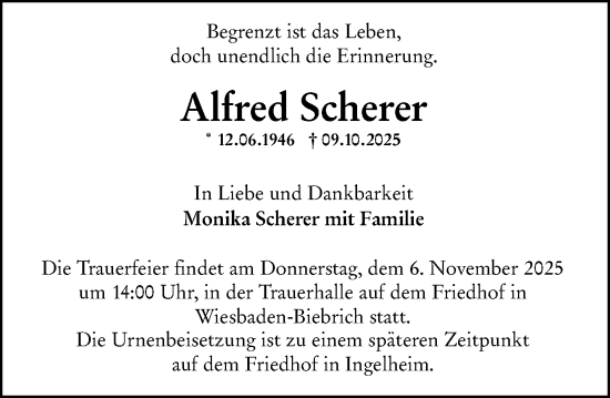 Traueranzeige von Alfred Scherer von Wiesbadener Kurier Traueranzeige von Alfred Scherer von Wiesbadener Kurier