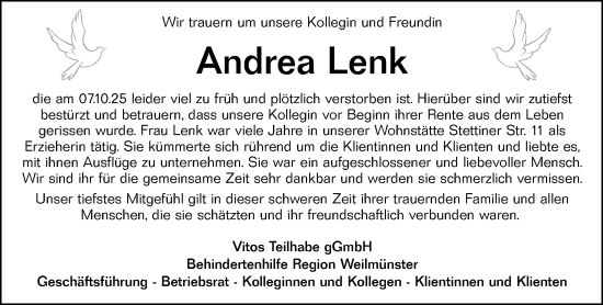 Traueranzeige von Andrea Lenk von Weilburger Tageblatt