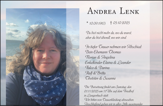 Traueranzeige von Andrea Lenk von Weilburger Tageblatt