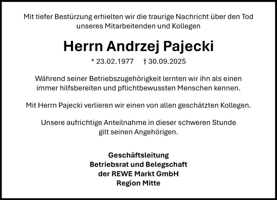 Traueranzeige von Andrzej Pajecki von Allgemeine Zeitung Mainz