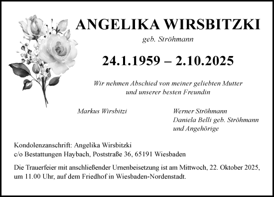 Traueranzeige von Angelika Wirsbitzki von Wiesbadener Kurier Traueranzeige von Angelika Wirsbitzki von Wiesbadener Kurier