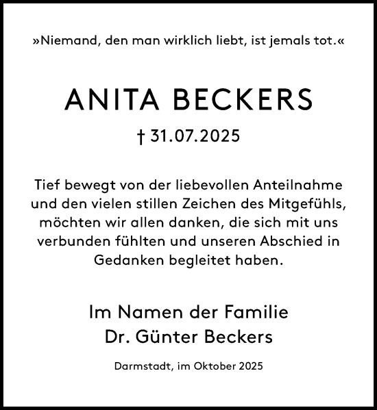Traueranzeige von Anita Beckers von Odenwälder Echo Traueranzeige von Anita Beckers von Odenwälder Echo