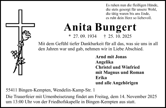Traueranzeige von Anita Bungert von Allgemeine Zeitung Rheinhessen-Nahe