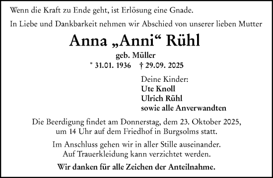 Traueranzeige von Anna Rühl von Wetzlarer Neue Zeitung