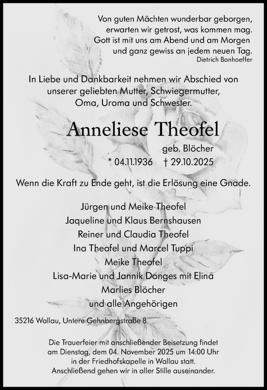 Traueranzeige von Anneliese Theofel von Hinterländer Anzeiger