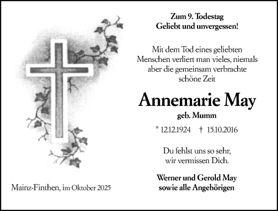 Traueranzeige von Annemarie May von Allgemeine Zeitung Mainz