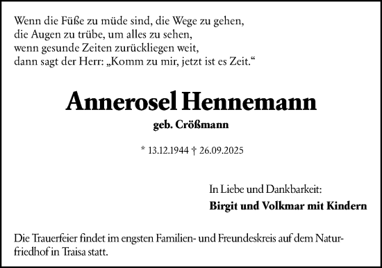 Traueranzeige von Annerosel Hennemann von Darmstädter Echo