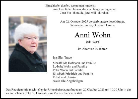 Traueranzeige von Anni Wohn von Allgemeine Zeitung Mainz