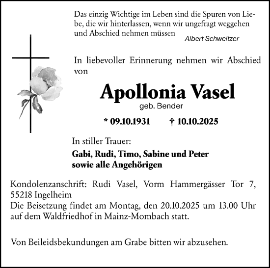 Traueranzeige von Apollonia Vasel von Allgemeine Zeitung Mainz