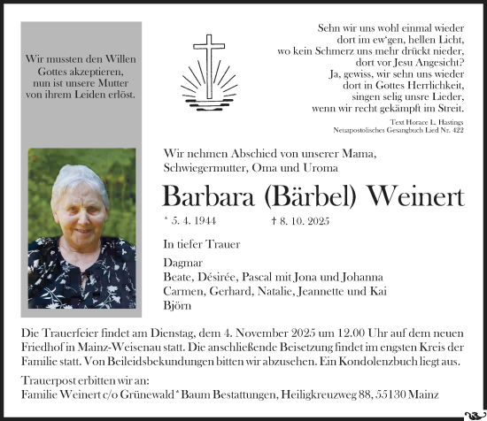 Traueranzeige von Barbara Weinert von Allgemeine Zeitung Mainz Traueranzeige von Barbara Weinert von Allgemeine Zeitung Mainz