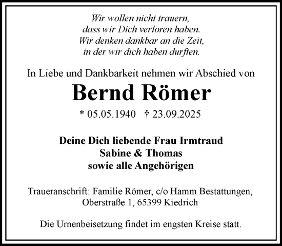 Traueranzeige von Bernd Römer von Wiesbadener Kurier