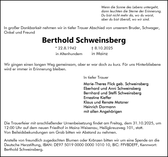 Traueranzeige von Berthold Schweinsberg von Allgemeine Zeitung Mainz Traueranzeige von Berthold Schweinsberg von Allgemeine Zeitung Mainz