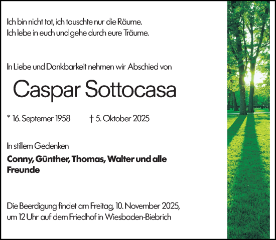 Traueranzeige von Caspar Sottocasa von Wiesbadener Kurier Traueranzeige von Caspar Sottocasa von Wiesbadener Kurier