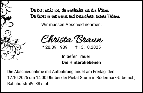 Traueranzeige von Christa Braun von Darmstädter Echo