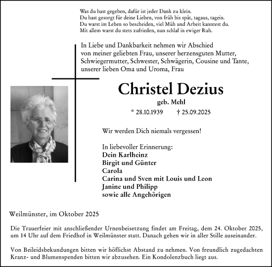 Traueranzeige von Christel Dezius von Weilburger Tageblatt Traueranzeige von Christel Dezius von Weilburger Tageblatt