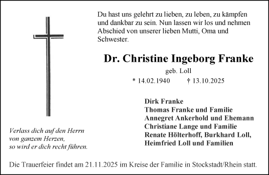 Traueranzeige von Christine Ingeborg Franke von Groß-Gerauer Echo