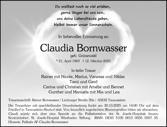 Traueranzeige von Claudia Bornwasser von Wiesbadener Kurier Traueranzeige von Claudia Bornwasser von Wiesbadener Kurier