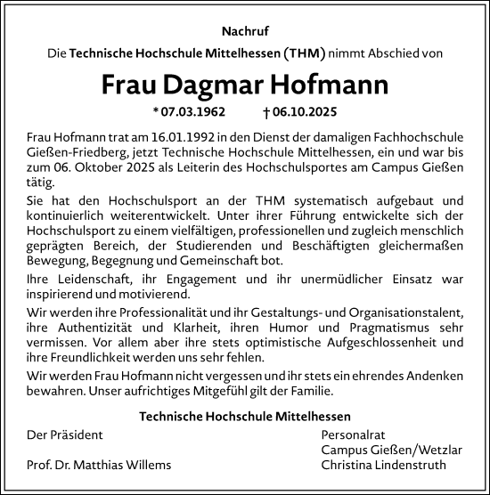 Traueranzeige von Dagmar Hofmann von Hinterländer Anzeiger