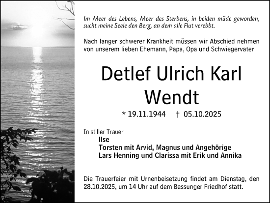 Traueranzeige von Detlef Ulrich Karl Wendt von Darmstädter Echo
