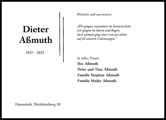 Traueranzeige von Dieter Aßmuth von Darmstädter Echo